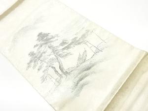 リサイクル　手描き松に船・風景模様袋帯